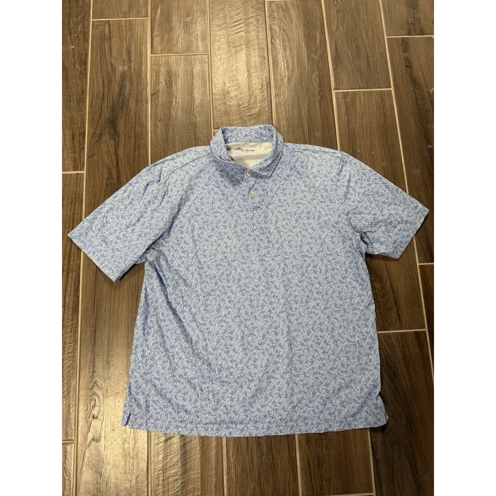 Peter Millar Seaside Wash Men's L Blue Shark Print Golf Polo Shirt